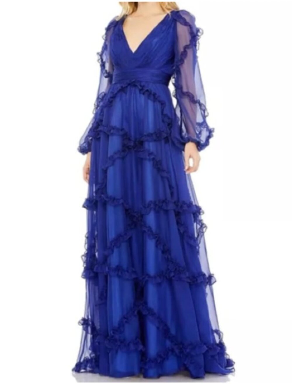 Mac Duggal Royal Blue Ruffled V-Neck Midi Dress